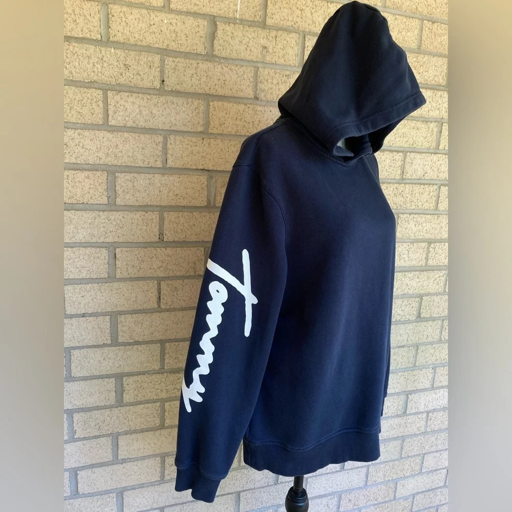 Tommy Hilfiger Soft Classic Navy Blue Hoodie White Red Cursive Logo Sleeve Decal